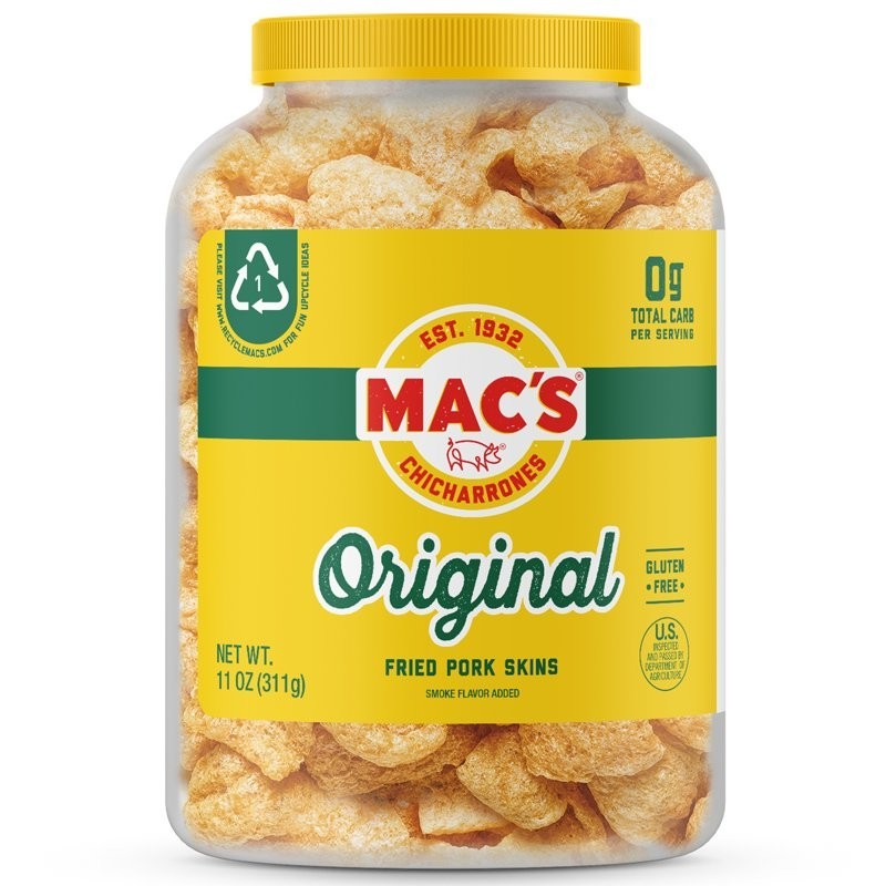 Mac’s Original Fried Pork Skins 11oz Barrel Free Shipping