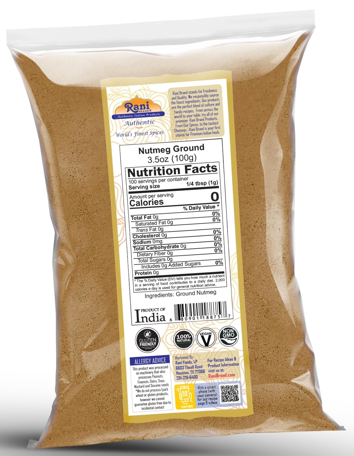Rani Nutmeg (Jaiphul) Ground Powder Spice, 3.5oz (100g)