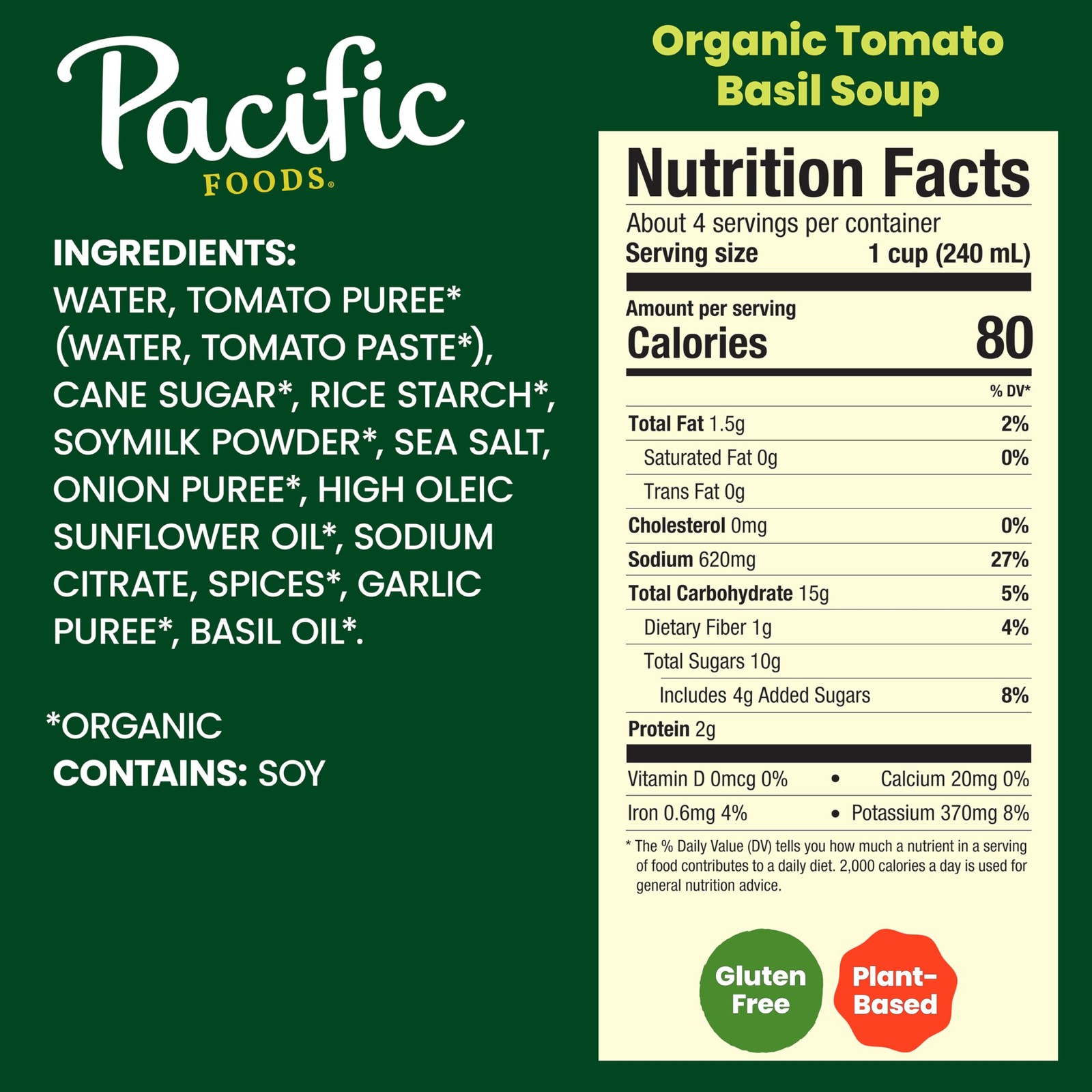 Pacific Foods Organic Tomato Basil Soup, 32 oz 32 Fl Oz (Pack of 2), red