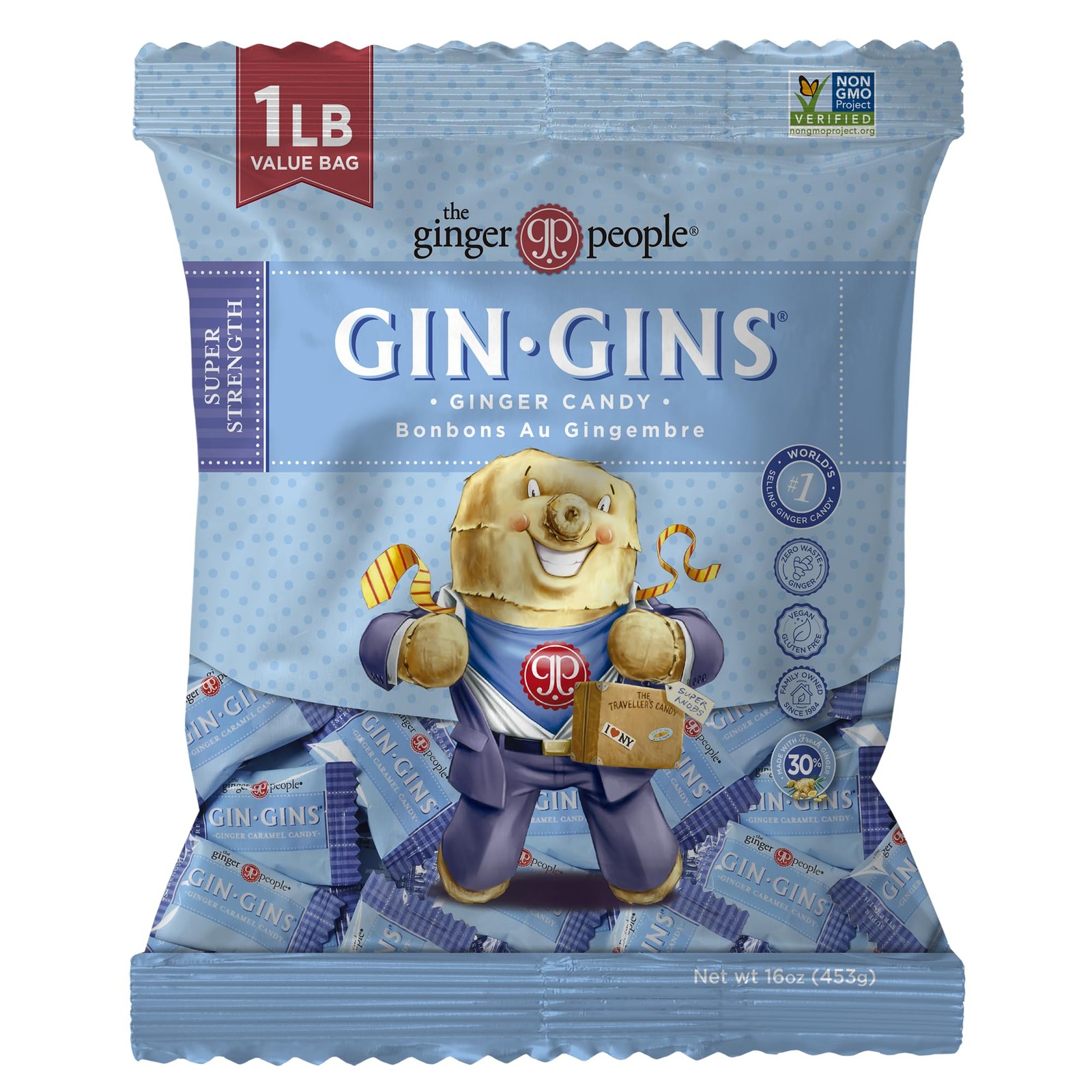 Super Strength Ginger Candy – Natural, Individually Wrapped, 1 lb Bag