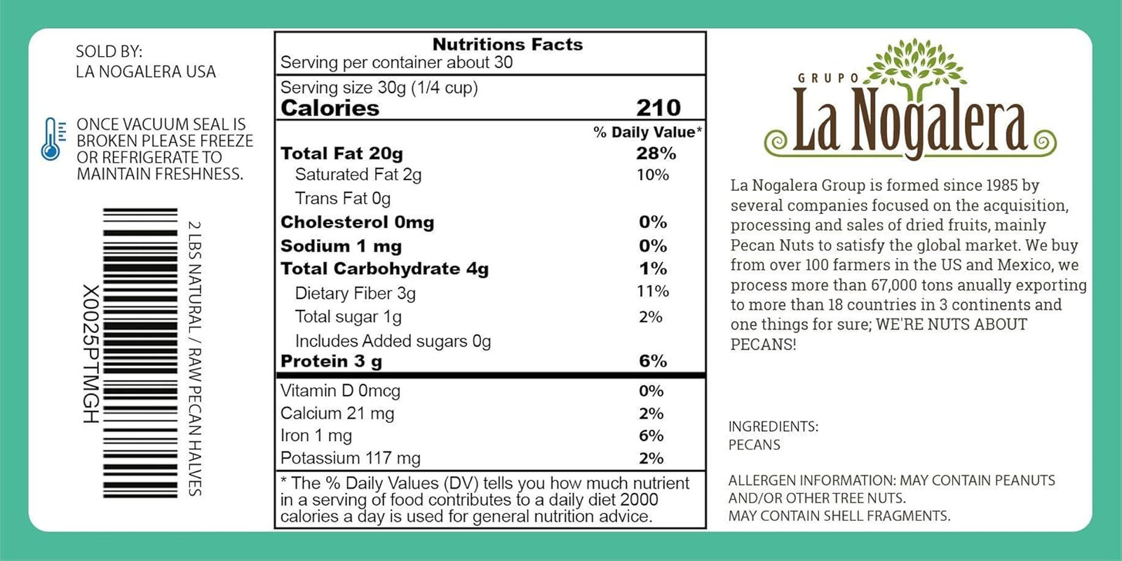 La Nogalera – 2 Lbs Natural Shelled Pecan Halves. Raw Pecan Nuts That Compare to