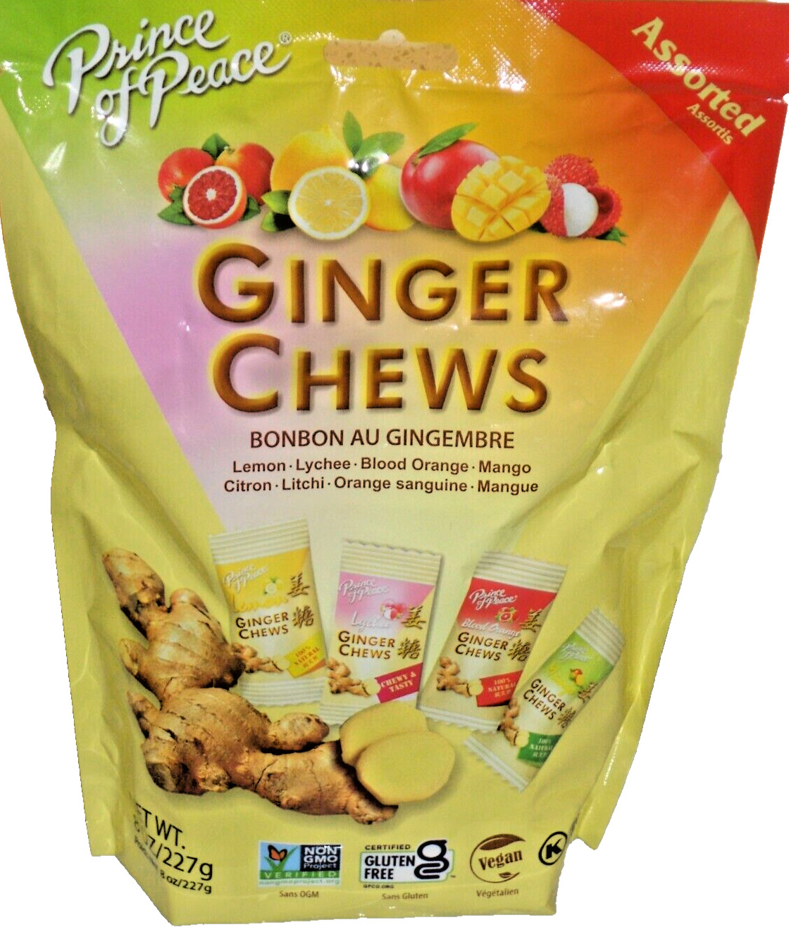 Prince of Peace Ginger Chews Assorted 8oz Bag (100%) Natural {227 g)