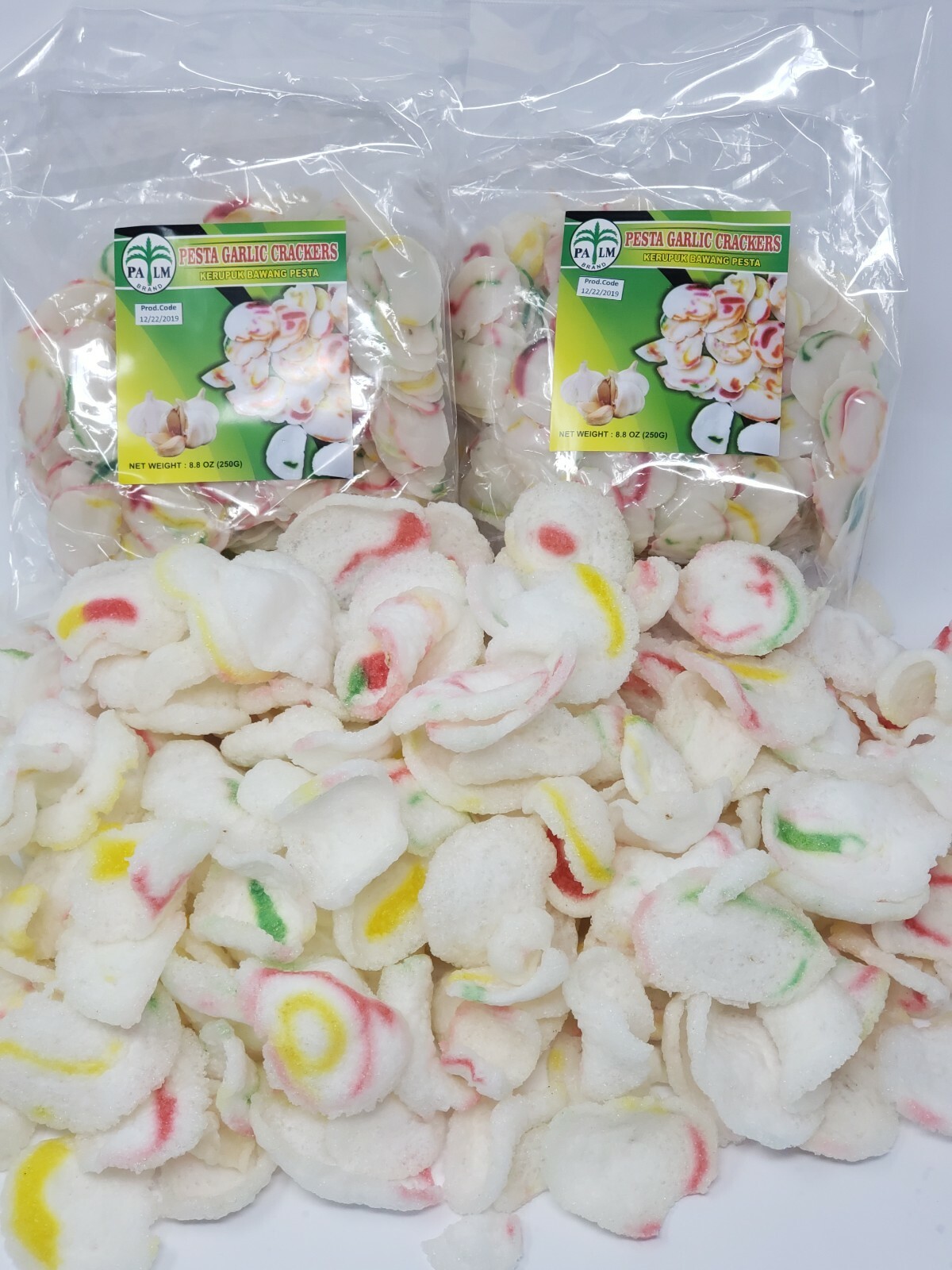 4 x 250g (4x 8.8 oz) of PALM krupuk bawang UNCOOKED garlic crackers (US Seller)