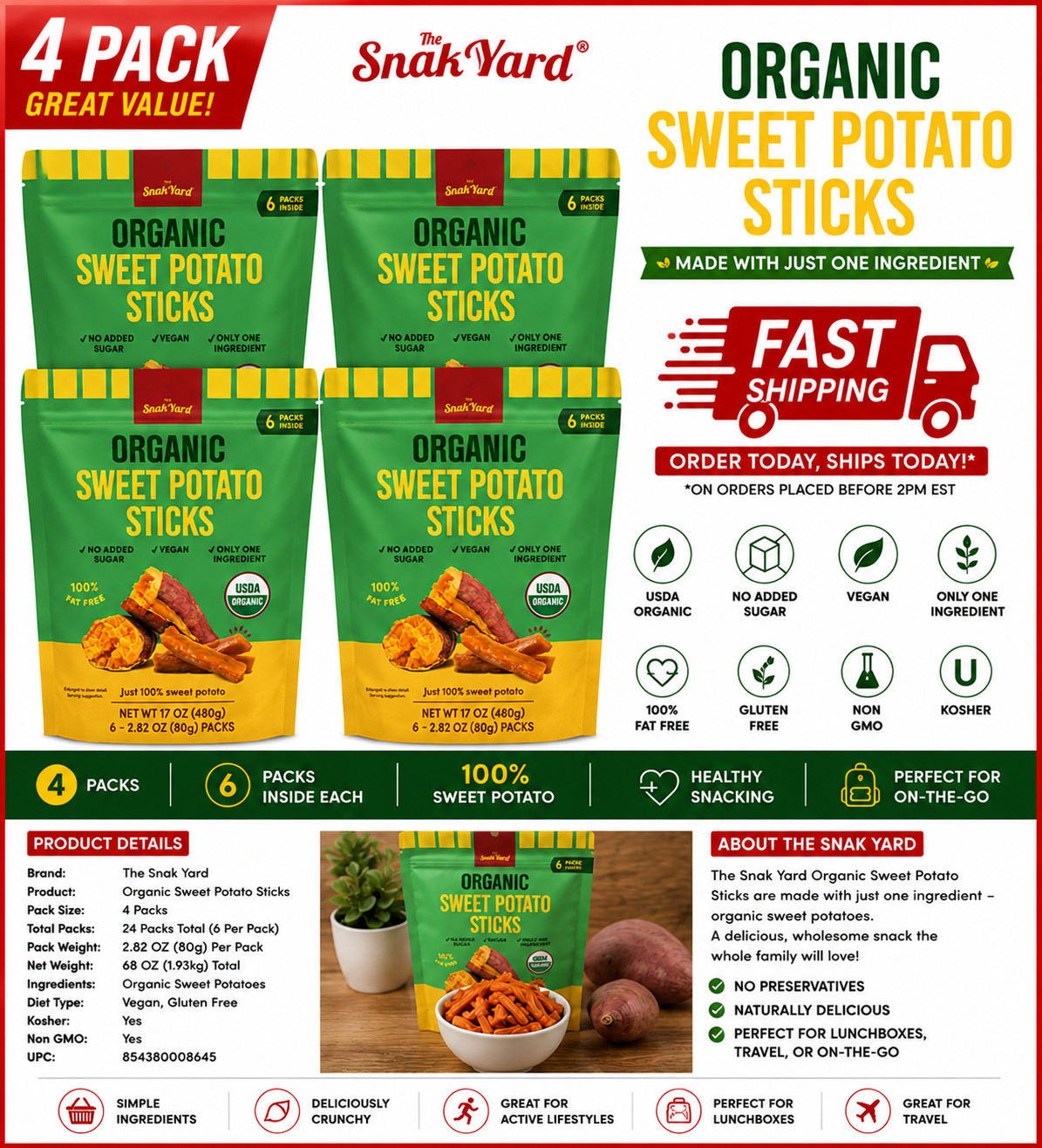 4PACK The SnakYard Organic 100% Sweet Potato Sticks No Sugar Added[2.82oz/80g]