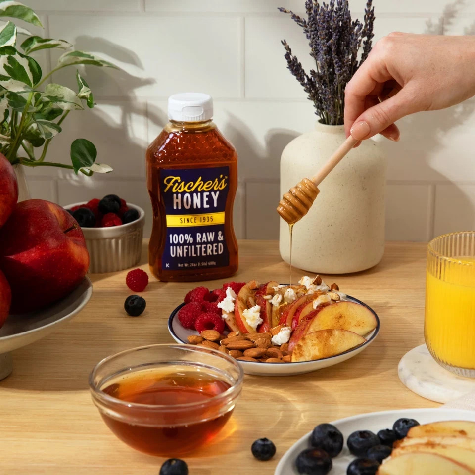 vNew Fischers Honey, 24oz Raw and Unfiltered, Local 100% US Grade Squeeze Bottle