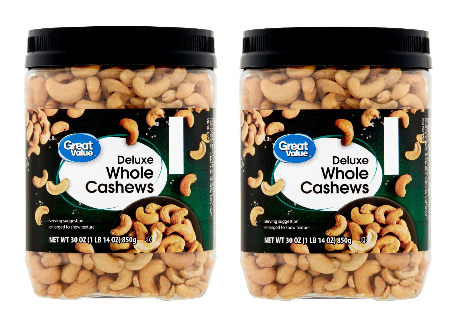 Great Value Deluxe Whole Cashews, 30 oz pack of 2
