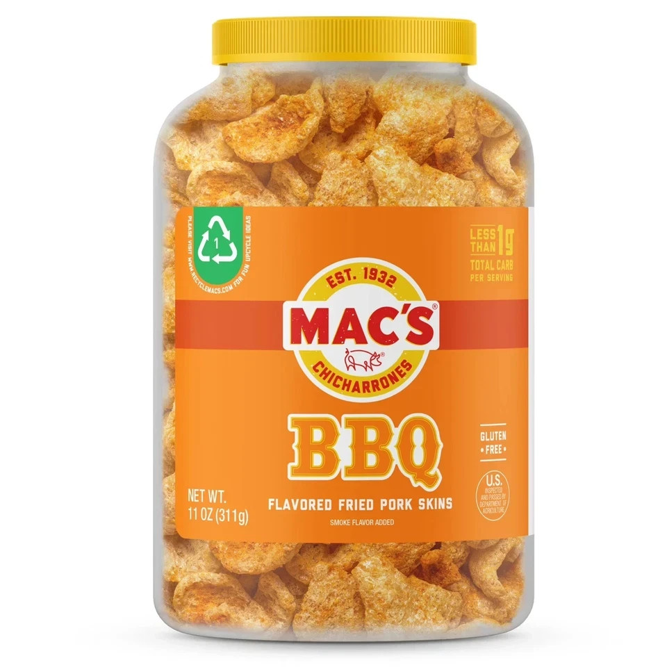 Mac’s Chicharrones BBQ Flavored Pork Rinds, Pork Skins, 11 oz Canister