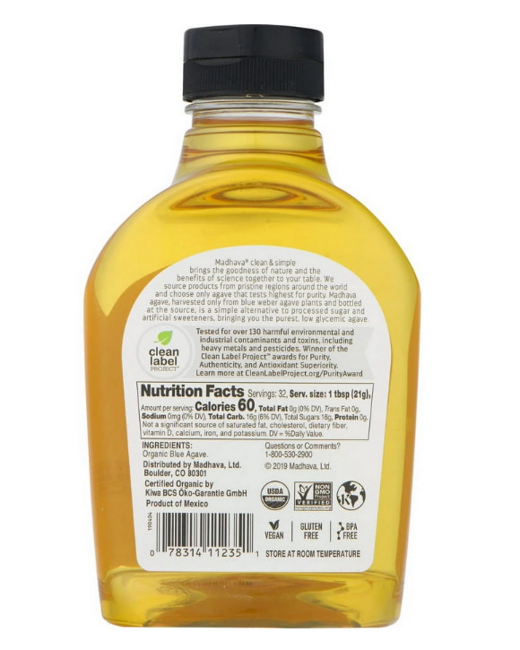 Madhava Organic 100% Blue Agave Sweetener Sugar Substitute, Shelf-Stable, 23.5oz