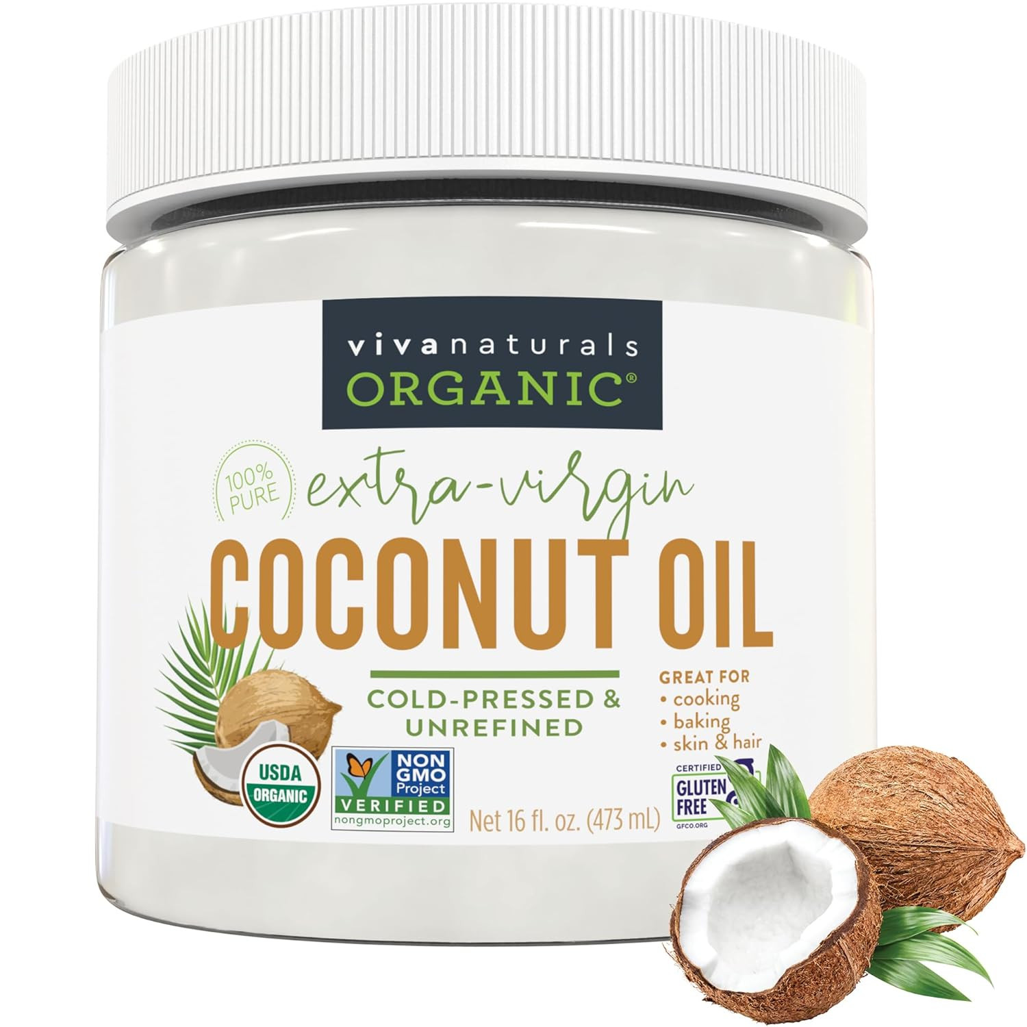 16 fl oz Viva Naturals Coconut Oil USDA Organic, Unrefined Extra Virgin, Non-GMO