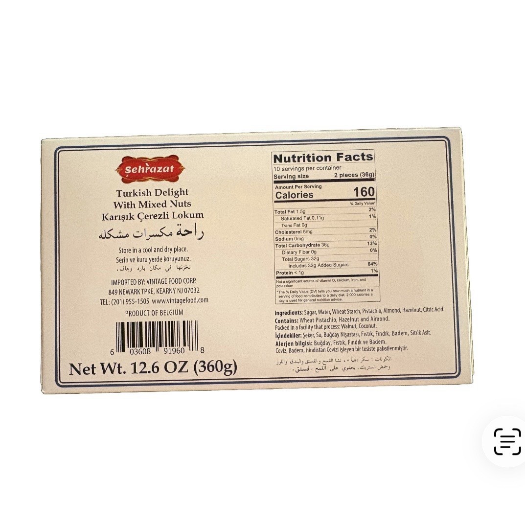 SEHRAZAT with Mixed Nuts Turkish Delight 12.6 oz Resealable Bag Veganby Agro Sun