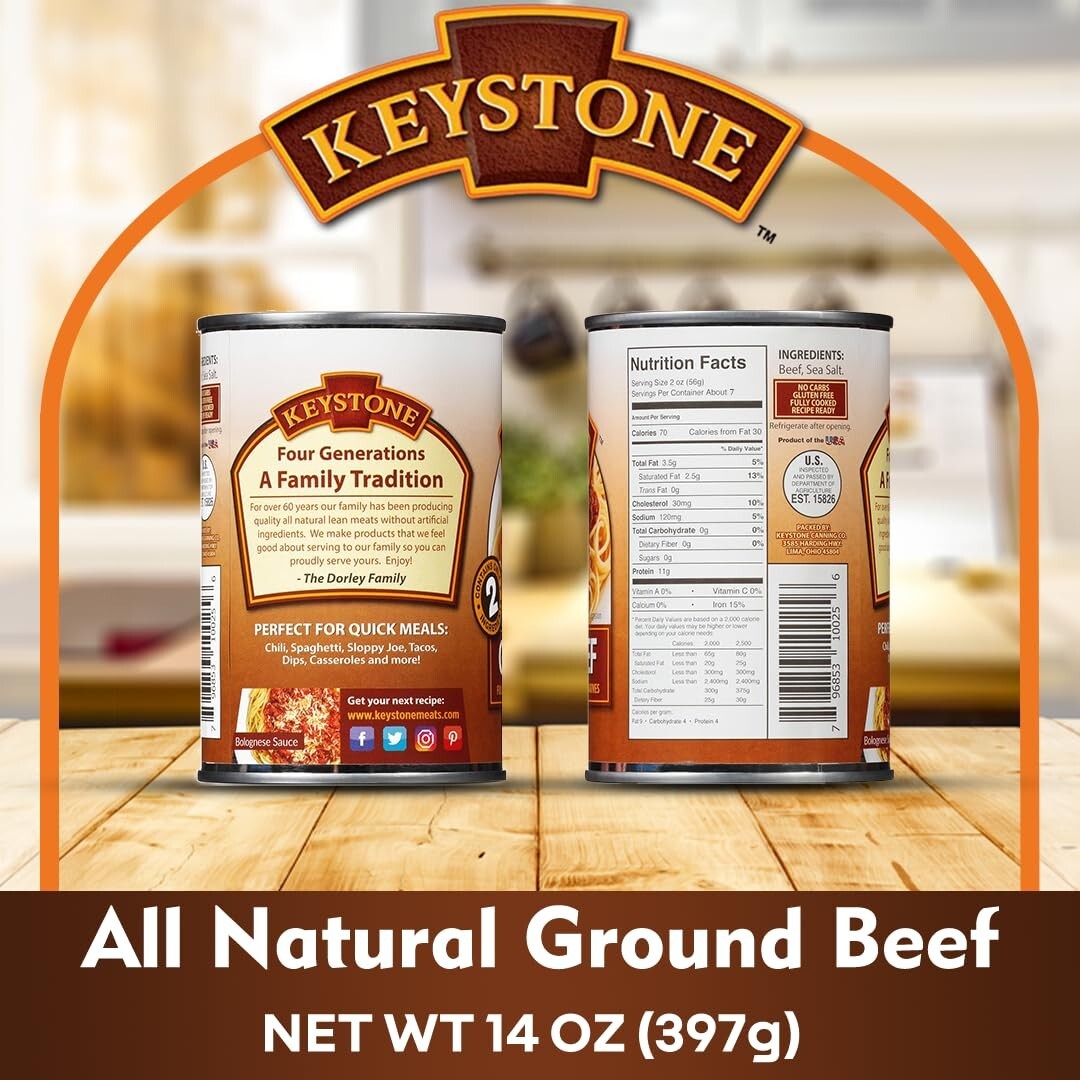 Keystone Meats 14oz Canned Ground Beef – Fully Cooked, Shelf-Stable, 6-Pack, USA