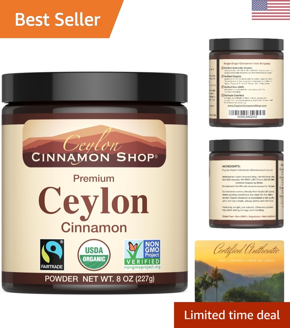 Fairtrade Certified Organic Ceylon Cinnamon Powder – 8 oz for Baking & Smoothies