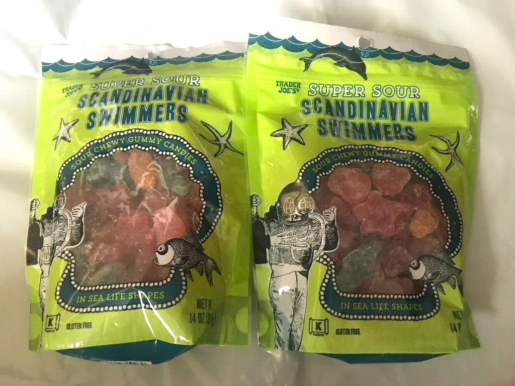 2 Pack Trader Joe’s Super Sour Scandinavian Swimmers Gummy Candy Fish 14oz ea