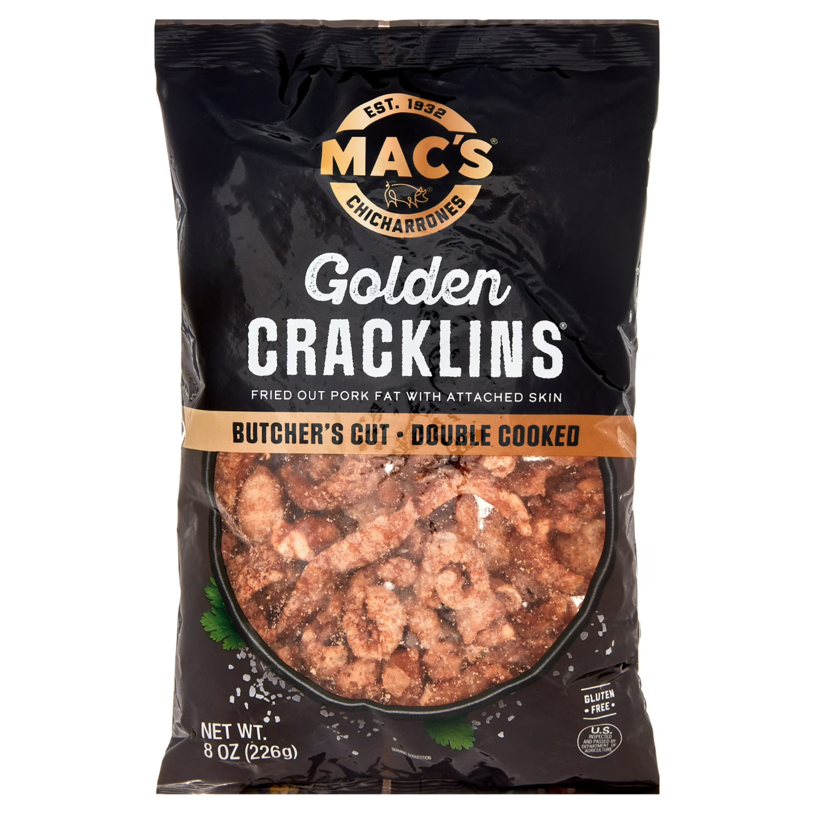 Mac’s Chicharrones Golden Pork Cracklins, Fried Pork Fat with Skin, 8 oz Bag