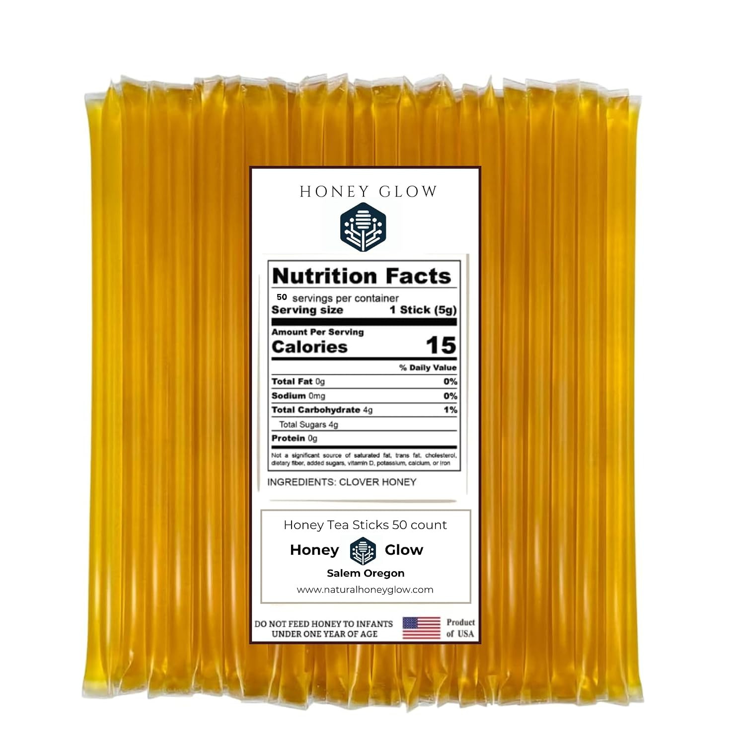 HoneyGlow Premium Clover Honey Sticks – 50 Pack | Pure American Honey | BPA-Free