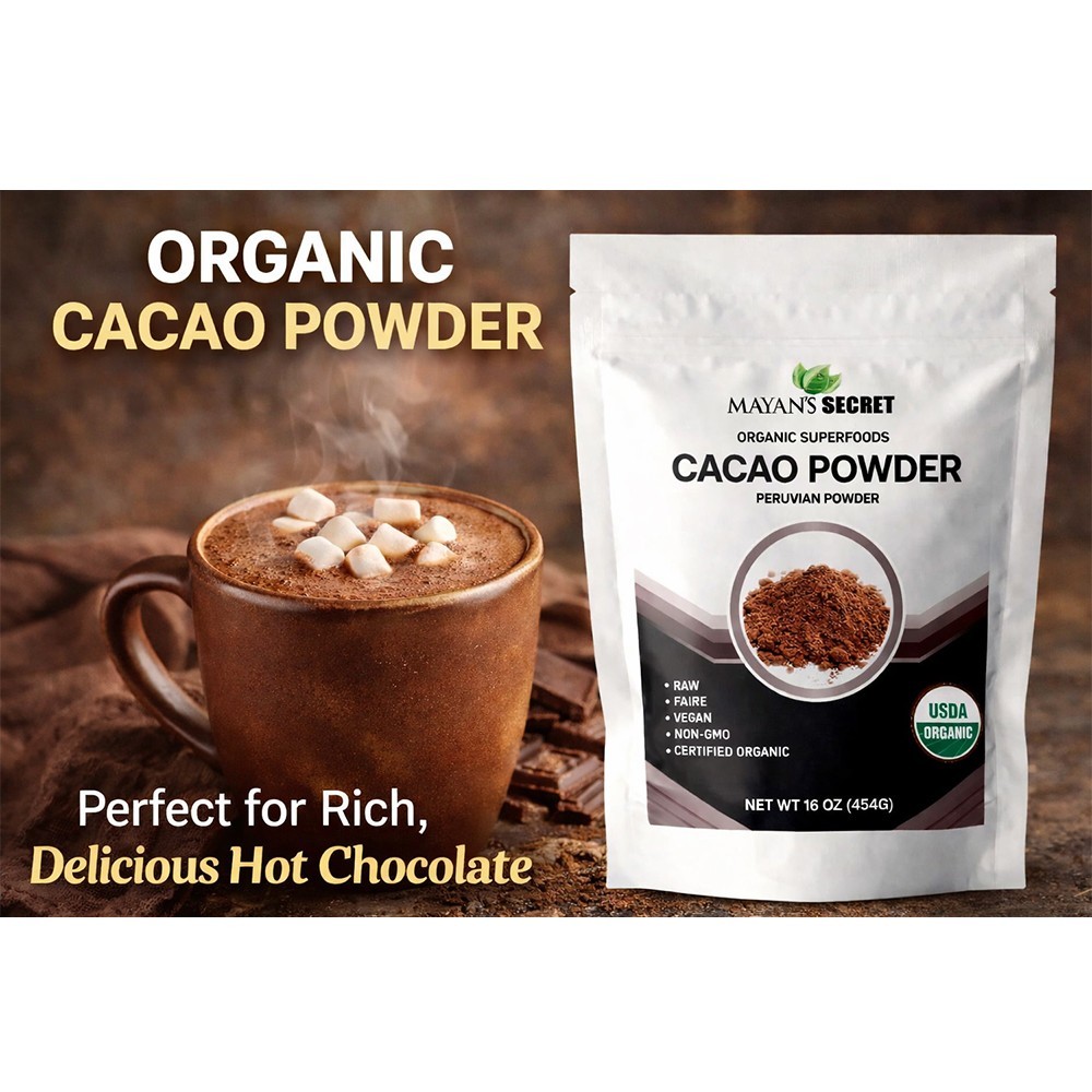Mayan’s Secret Raw Cacao Powder Organic Unsweetened 1lb Non GMO, Vegan, Parve