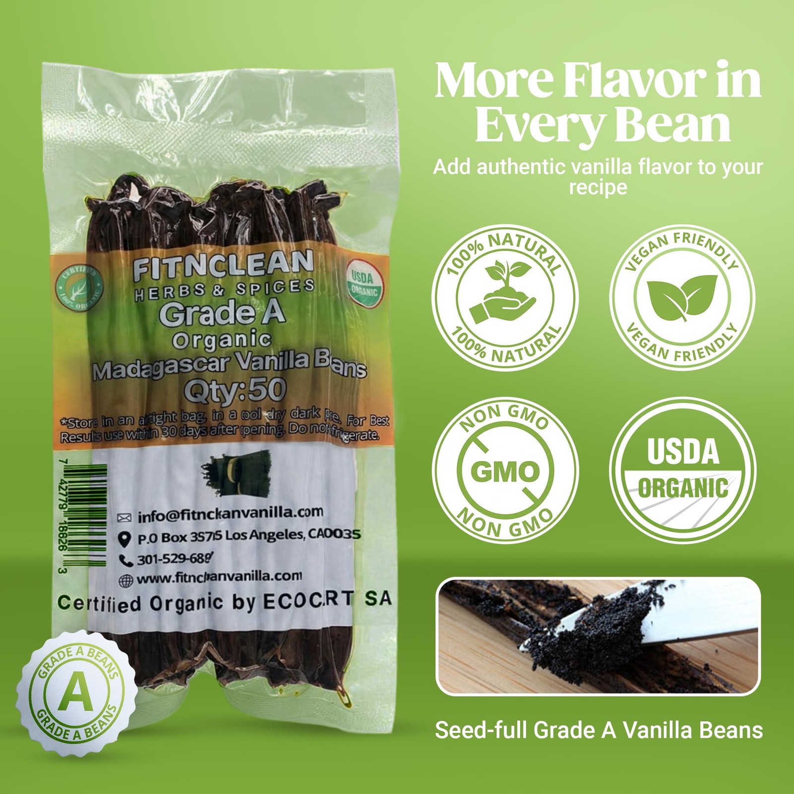 50 Organic Grade A Madagascar Vanilla Beans. Certified 50 Count (Pack of 1)