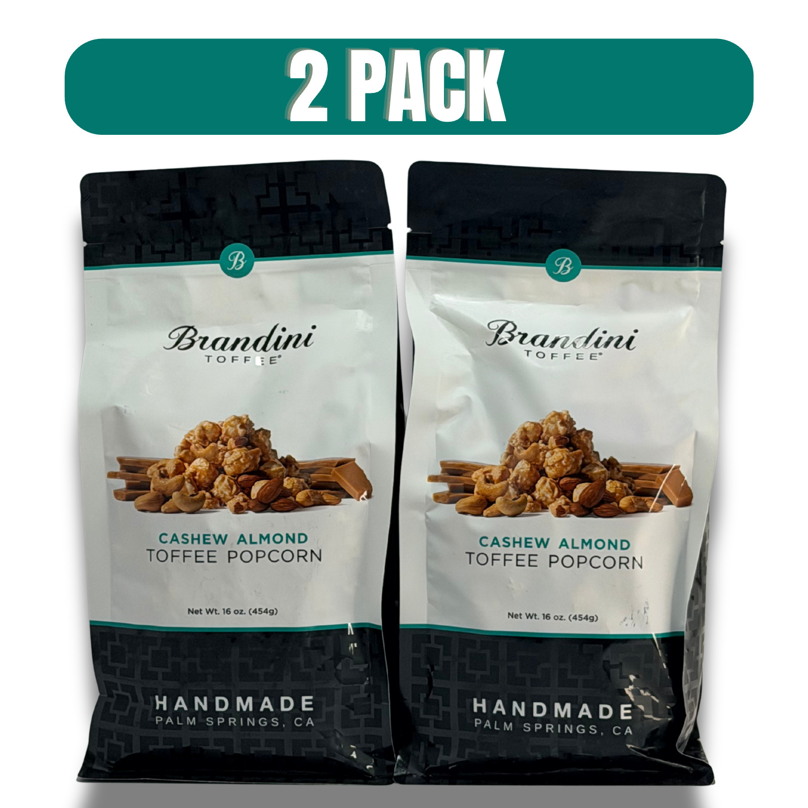 Brandini Cashew Almond Toffee Popcorn 2 Pack – Handmade Gourmet Snack 16 oz Bags