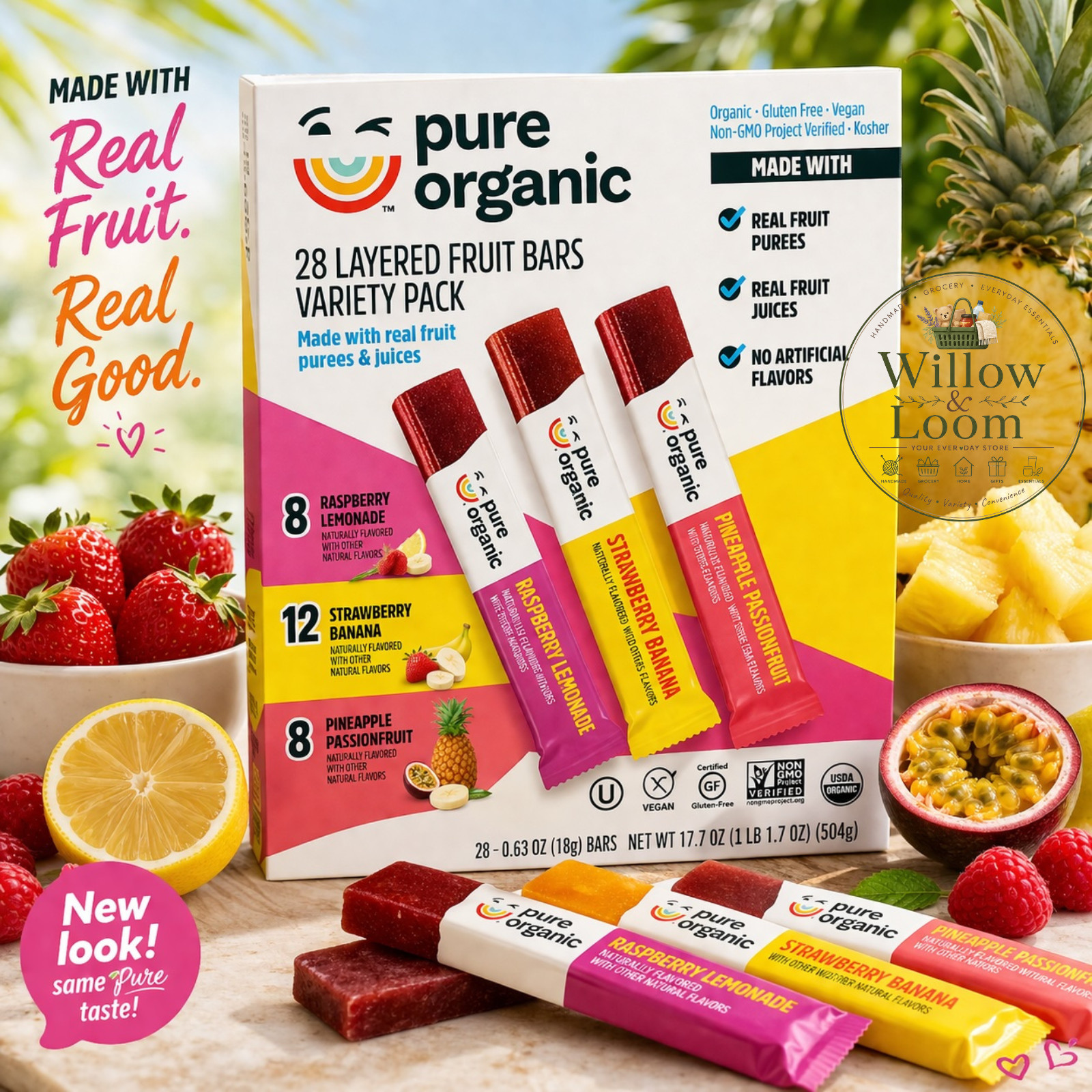 Pure Organic 28 Layered Fruit Bars Variety Pack Non-GMO Vegan Gluten Free 17.7OZ