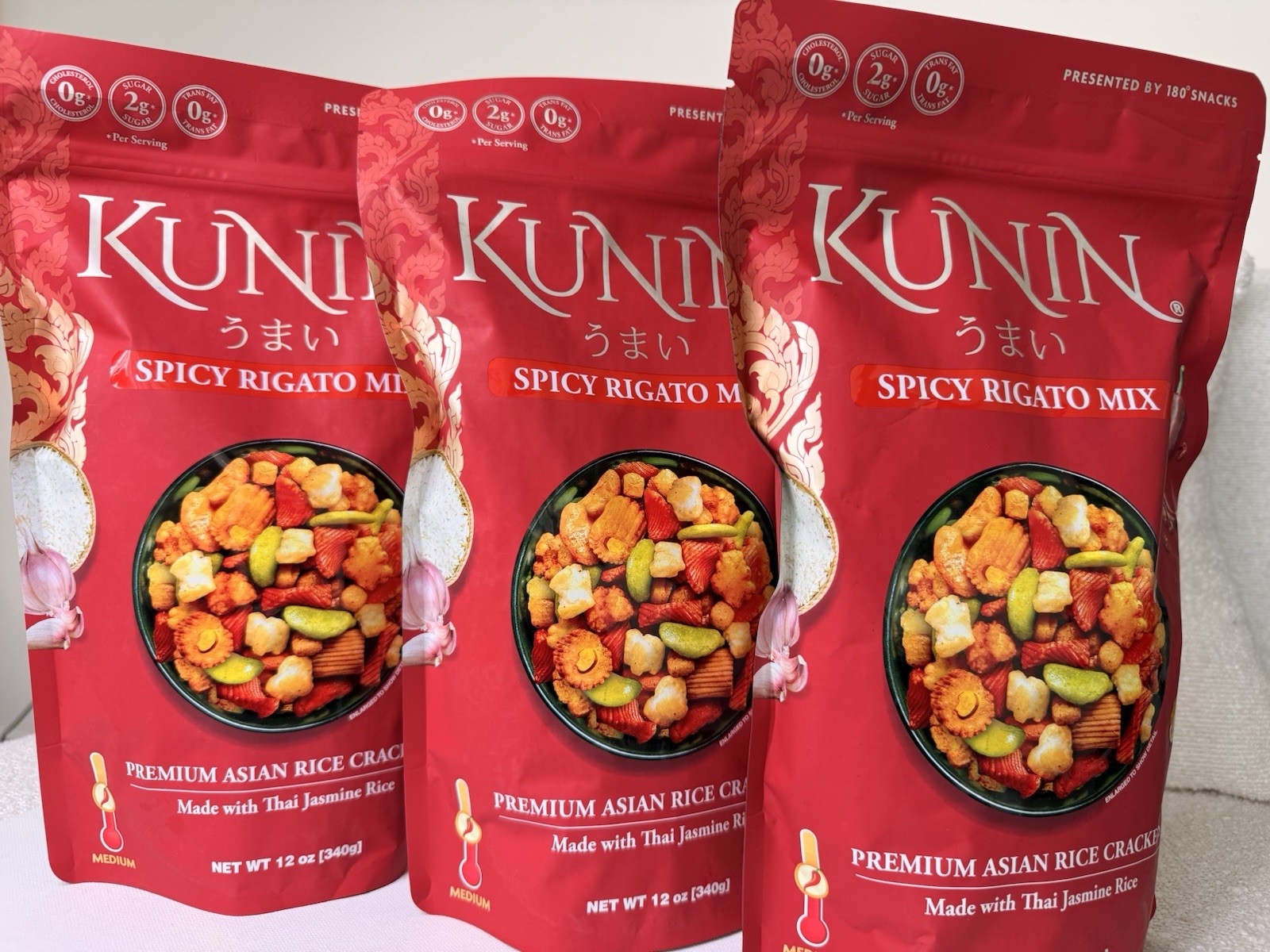 Kunin Spicy Rigato Mix Asian Rice Crackers 12oz Lot of 2 Thai Jasmine Rice Snack
