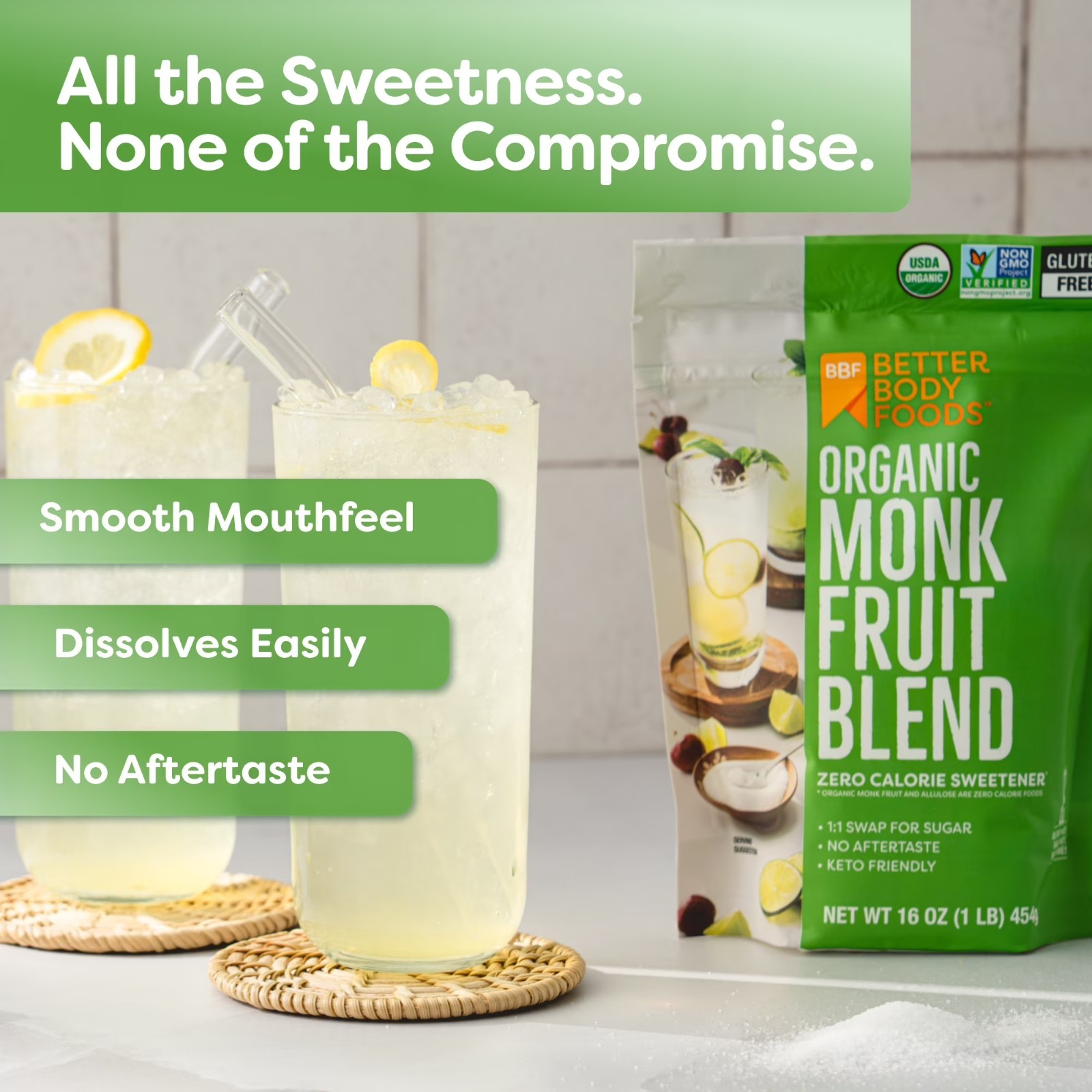 BetterBody Foods Organic Monk Fruit Sweetener Blend, Sugar Substitute, 1 lb.