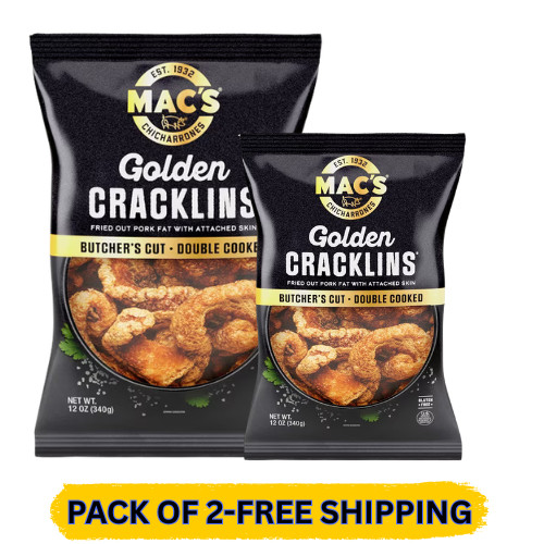 Mac’s Chicharrones Golden Cracklin Curls, Fried Pork Fat with Skin, 12 oz, 2Pack