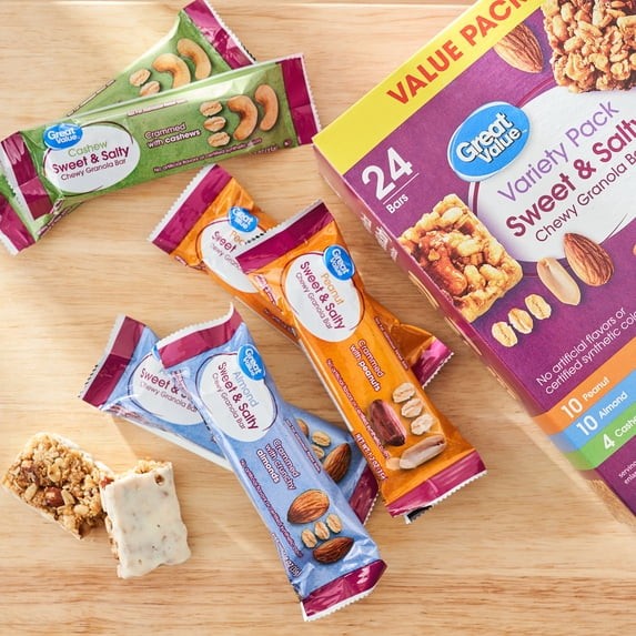 Great Value sweet & salty chewy granola Bars, Variety Pack, 1.2 oz, 24 Count.