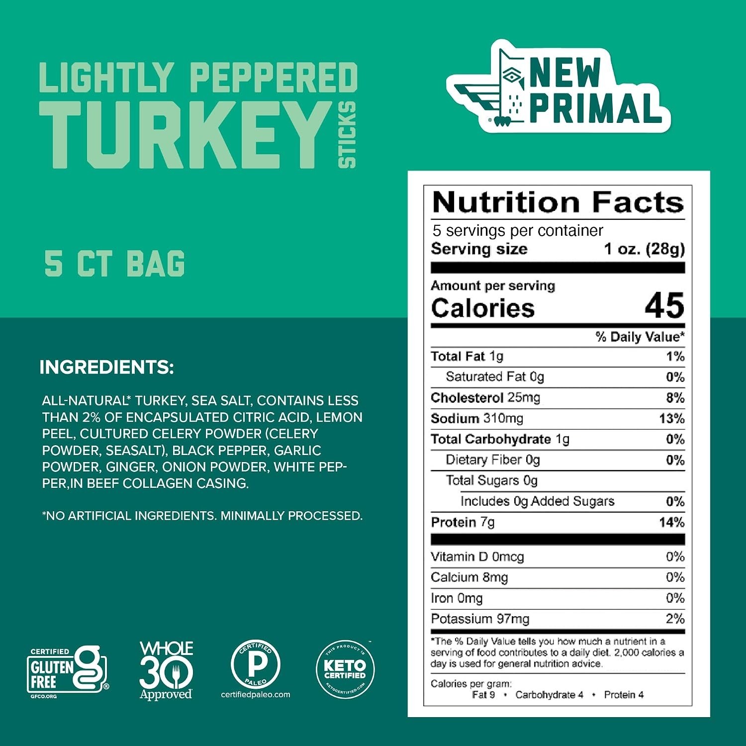 New Primal Lightly Peppered Turkey Sticks, 5 Count | All Natural, Healthy Sna…