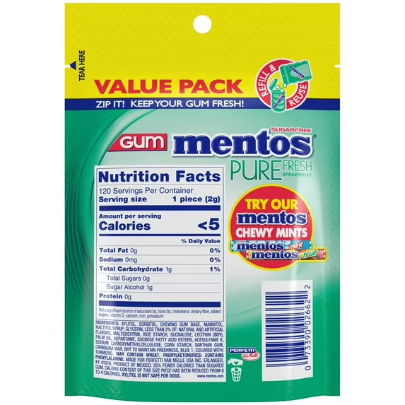 Mentos Pure Fresh Sugar-Free Spearmint Gum 120 Count Xylitol Resealable Bag