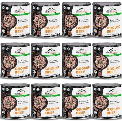 12 Cans – Mountain Essentials All Natural Ground Beef Fully Cooked 28oz Meat