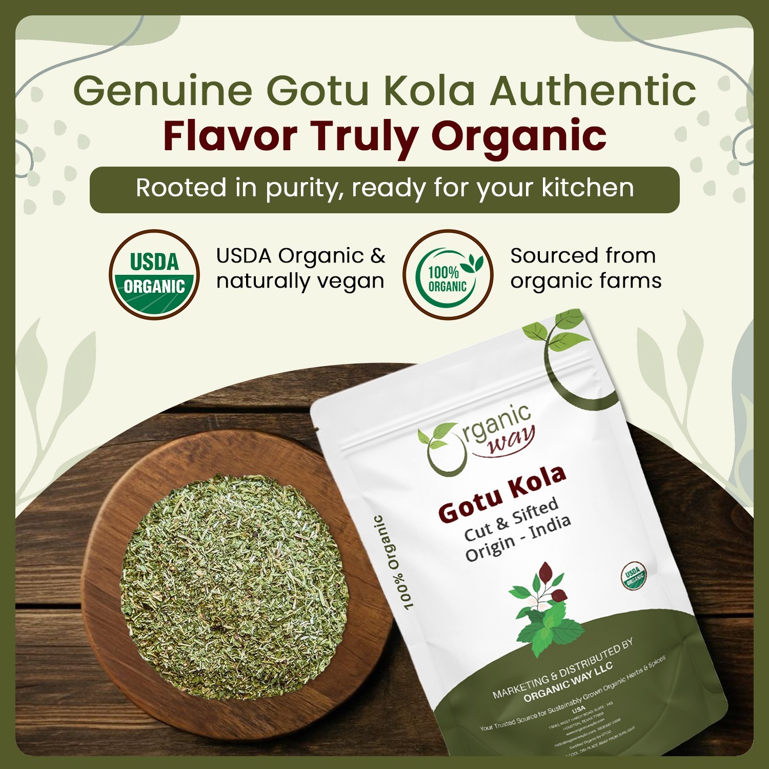 Organic Way Premium Dried Gotu Kola Cut & Sifted (Centella asiatica)