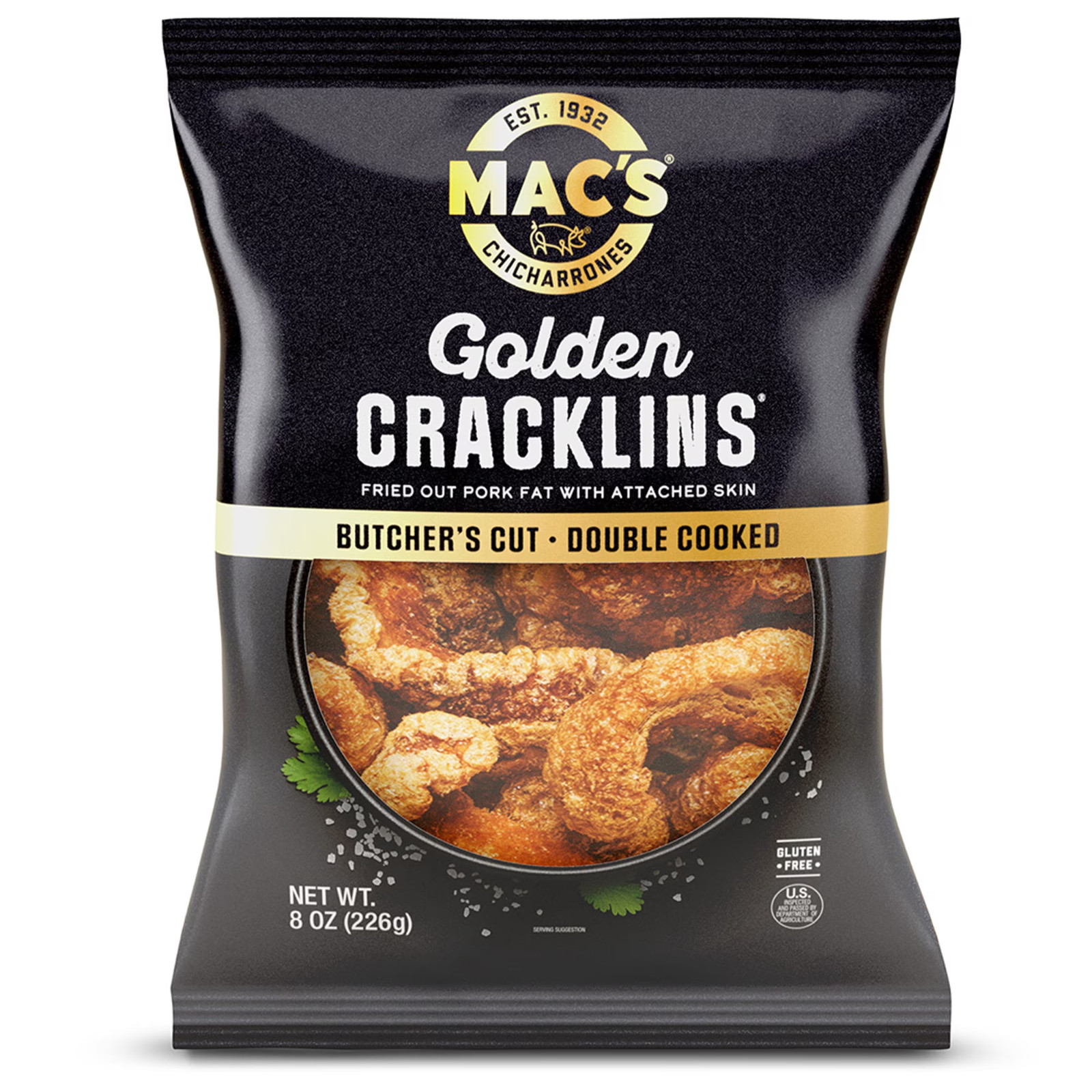 Mac’s Chicharrones Golden Pork Cracklins, Fried Pork Fat with Skin, 8 oz Bag,,