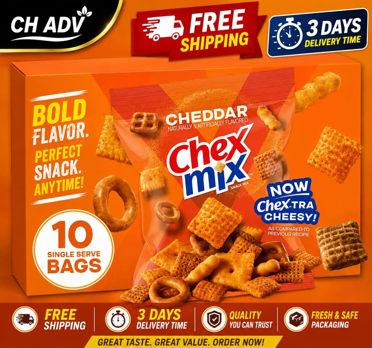 Chex Mix Cheddar Snack Mix, Single Serve Snack Bags, Multipack, 10 Count, 17.5 o