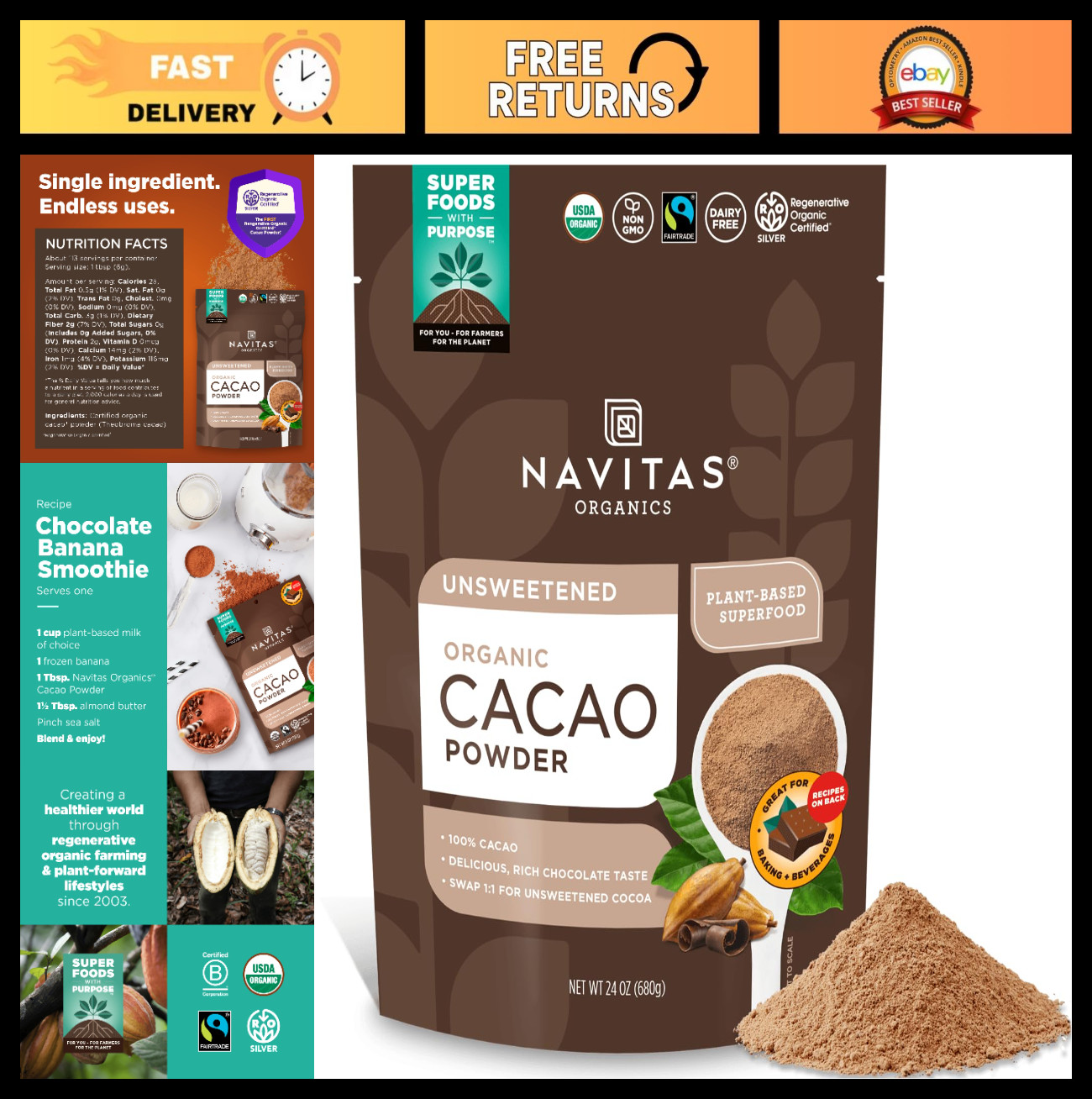 Organic Cacao Powder 24oz – Non-GMO, Gluten-Free, Fairtrade, Baking & Hot Chocol