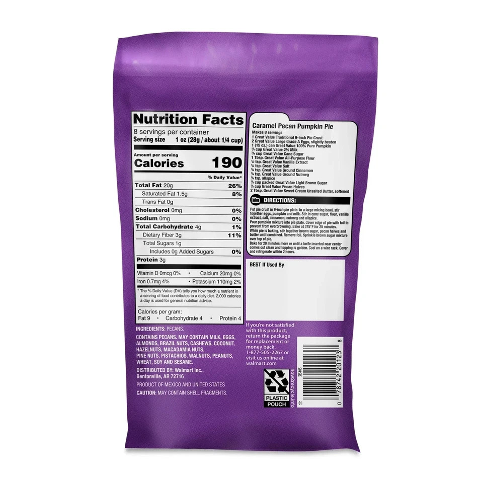 Great Value Pecan Halves 8 oz Fresh Baking Nuts Snack