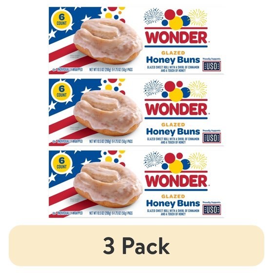 (3 pack) Wonder Glazed Honey Buns, Individually Wrapped Pastry Snacks, 10.5 oz,