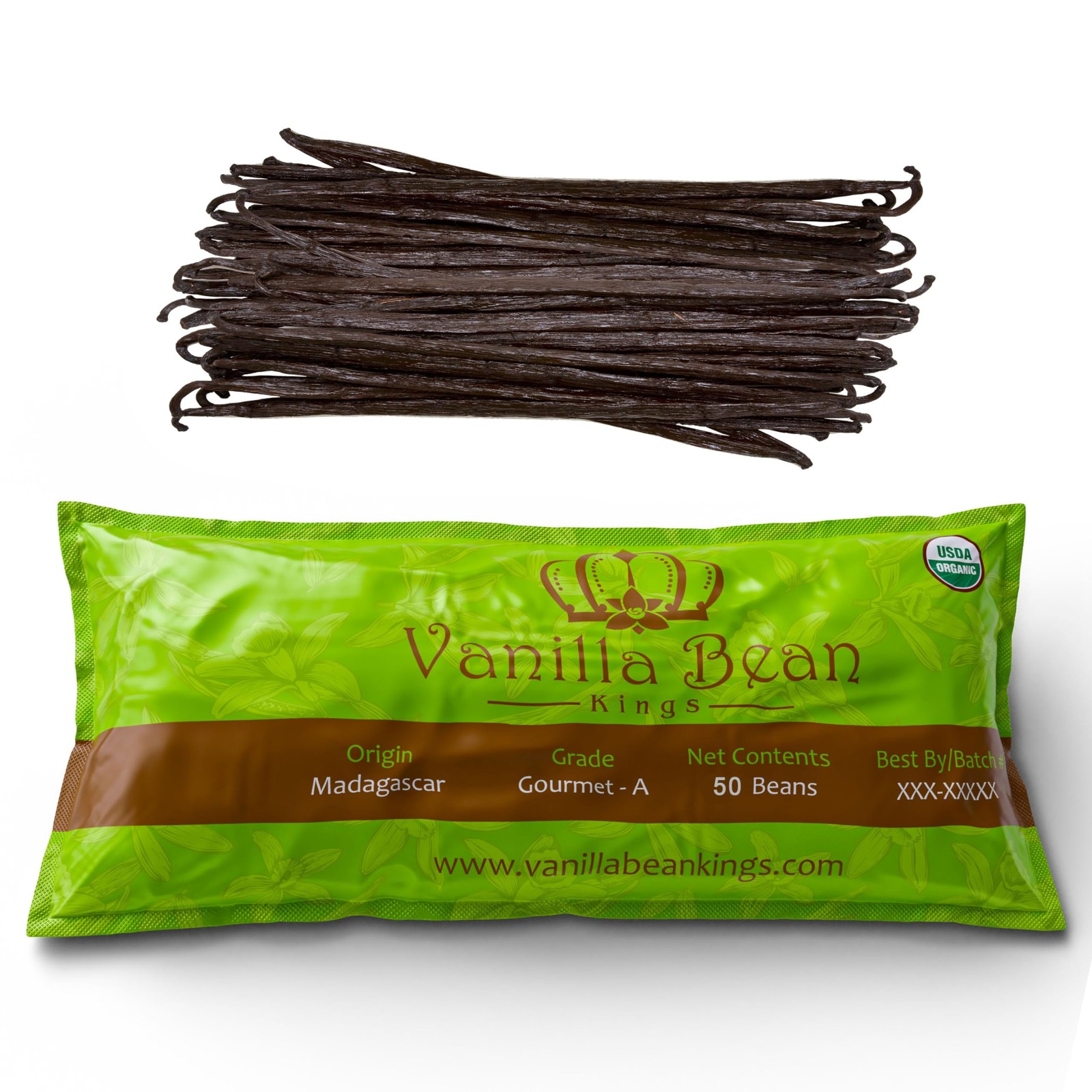 50 Organic Madagascar Vanilla Beans. Whole Grade 50 Count, Black / Dark Brown