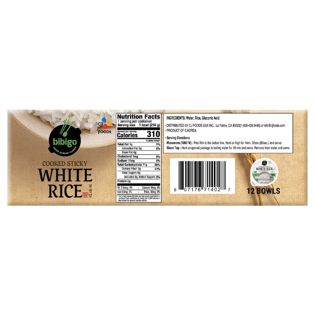 Bibigo, Cooked Sticky White Rice Bowls, 12pk (7.4 oz each), 88.8 oz Total