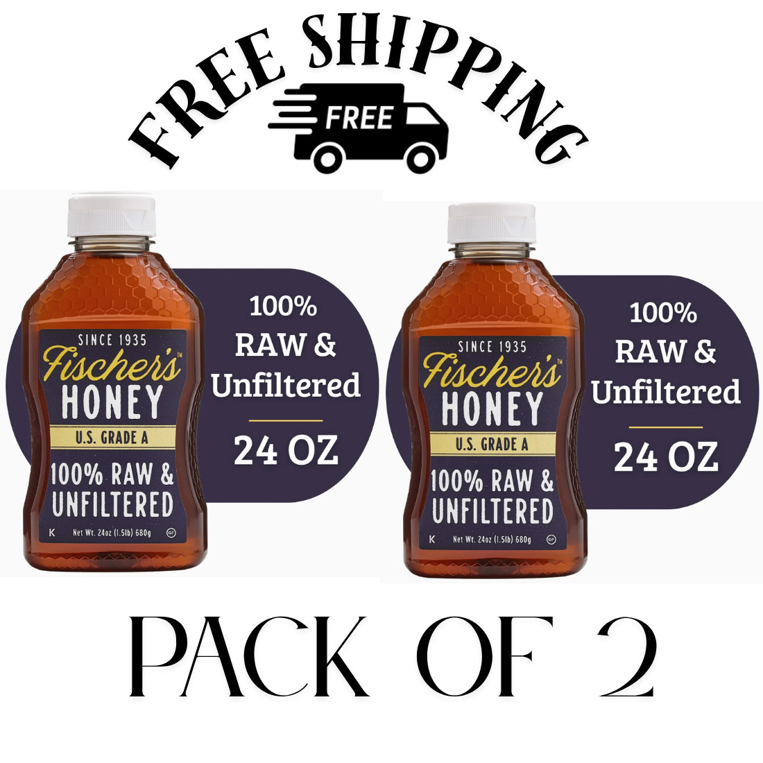 (PACK 2) Fischers Honey, 24oz Raw and Unfiltered, Local 100% US Grade «A»,