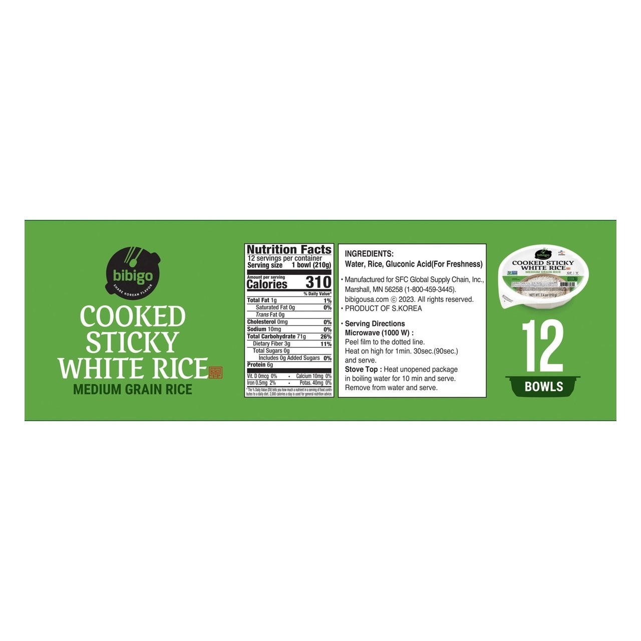 Bibigo, Cooked Sticky White Rice Bowls, 12pk (7.4 oz each), 88.8 oz Total