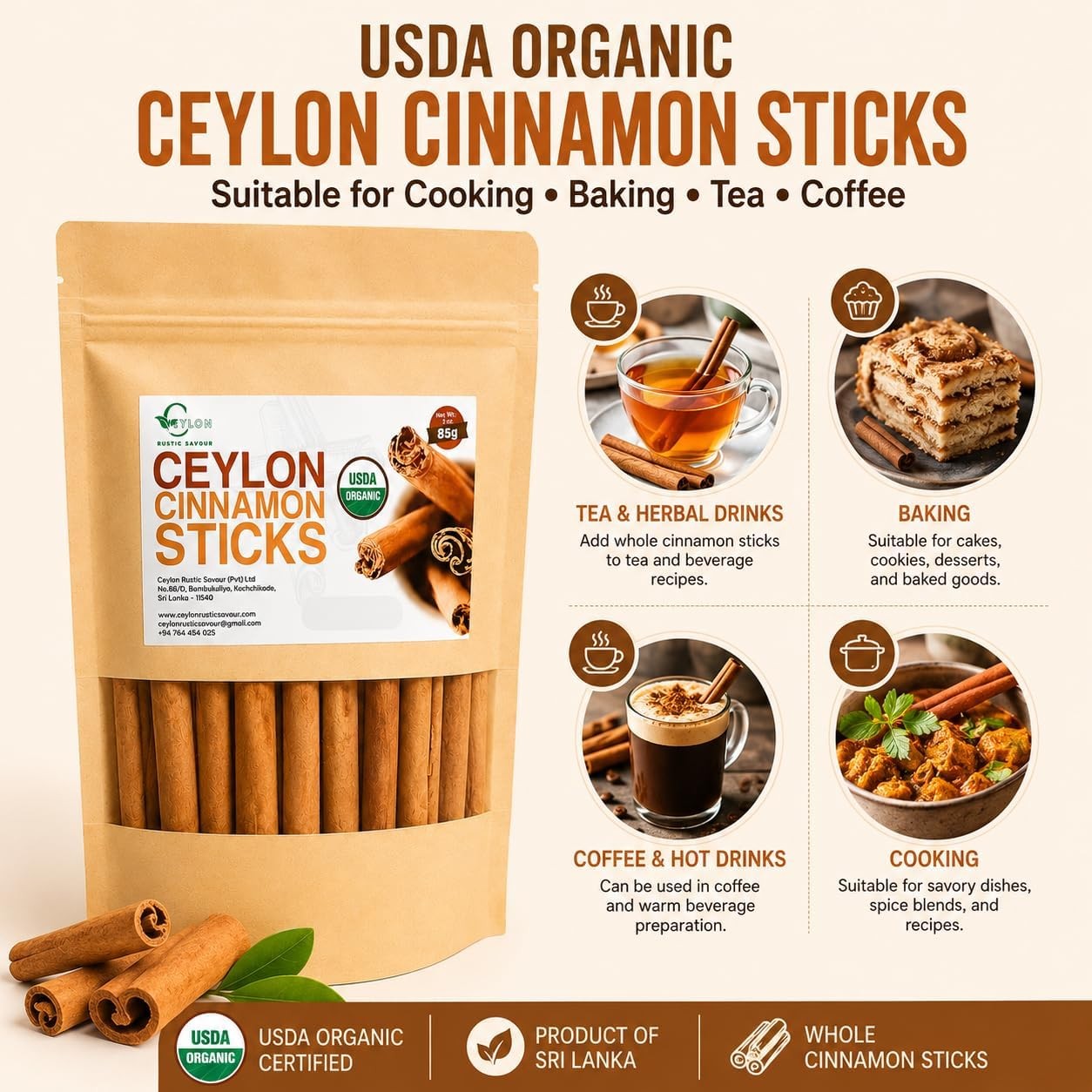 USDA Organic Ceylon Cinnamon Sticks, 3 oz (85 g)
