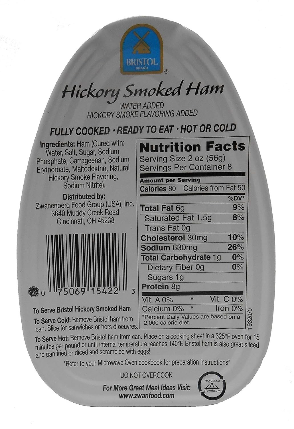 4 Pack Bristol Hickory Smoked Cooked Canned Ham, High Protein, 16oz Aluminum Can