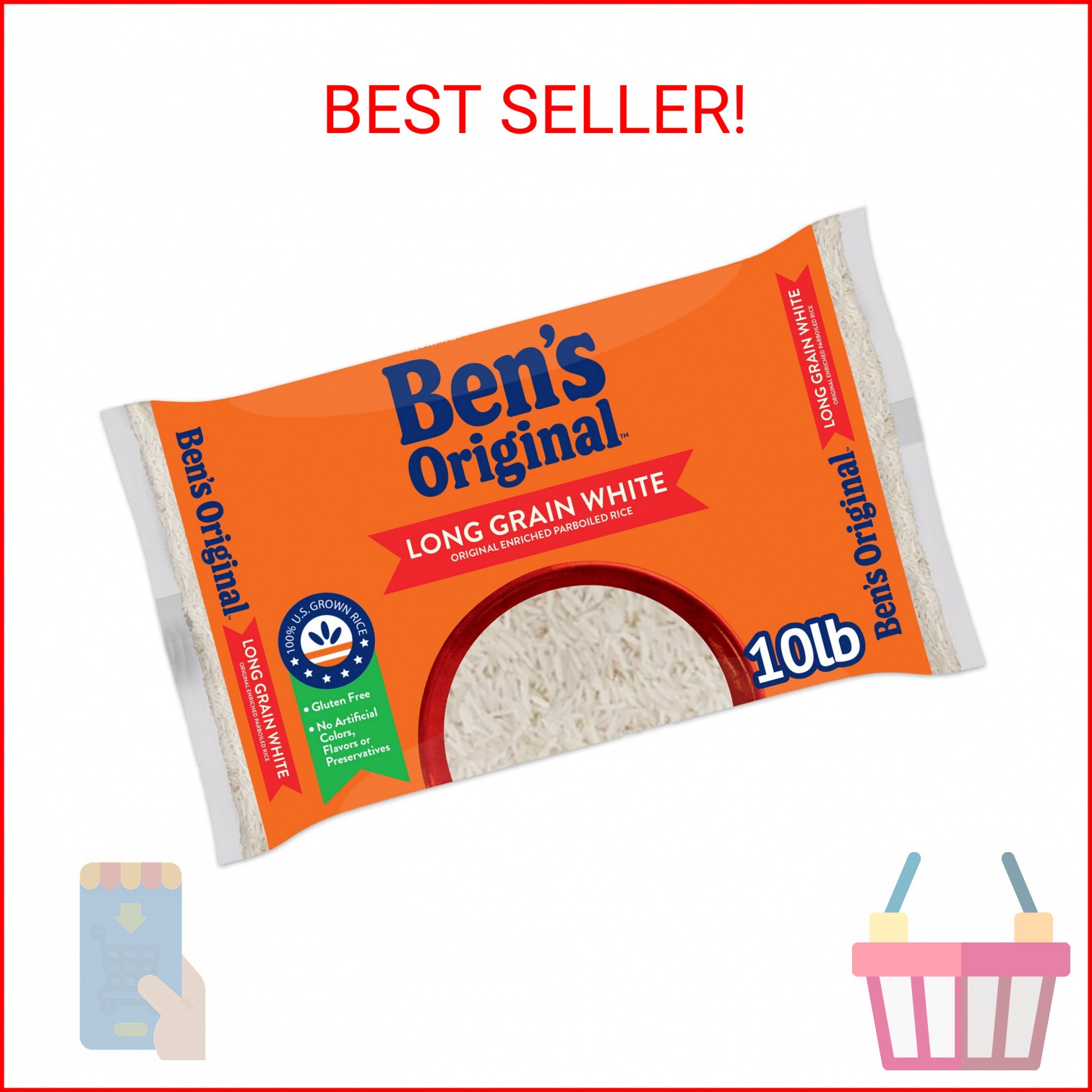 BEN’S ORIGINAL Enriched Long Grain White Rice, Parboiled Rice, 10 lb Bag