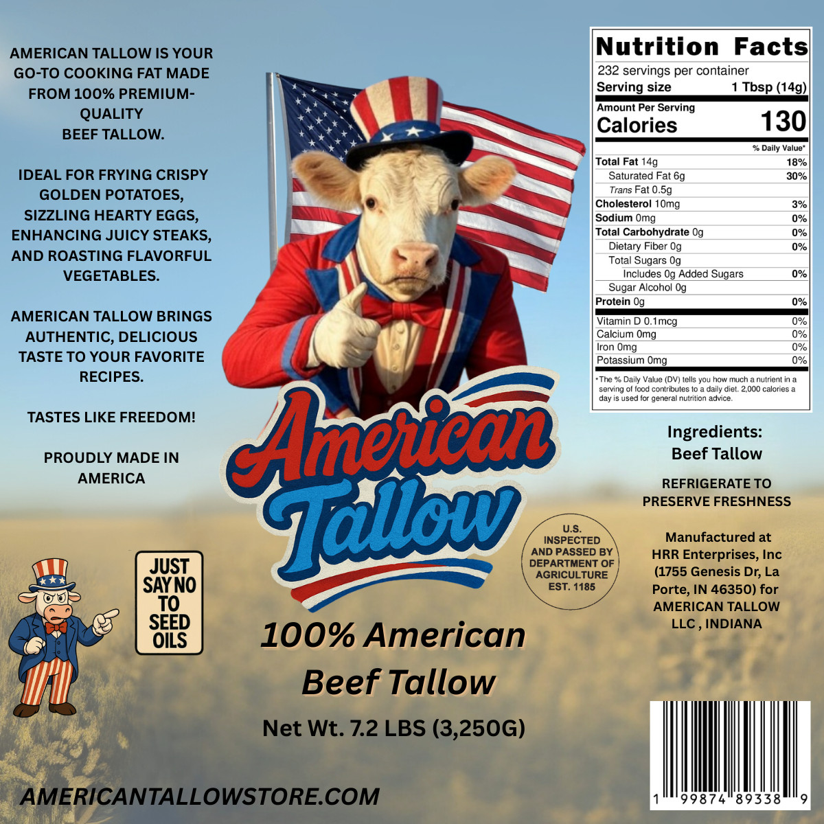 1 Gallon 100% American Beef Tallow, 7.2 lbs Additive-Free Cooking Fat, Bulk