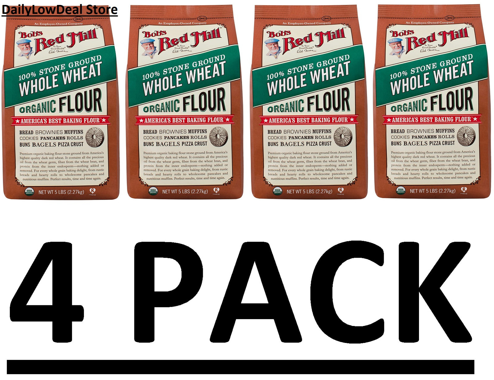4 PACK – Bob’s Red Mill Organic Flour Whole Wheat 5 lb (Total 20 lb) FRESH!!
