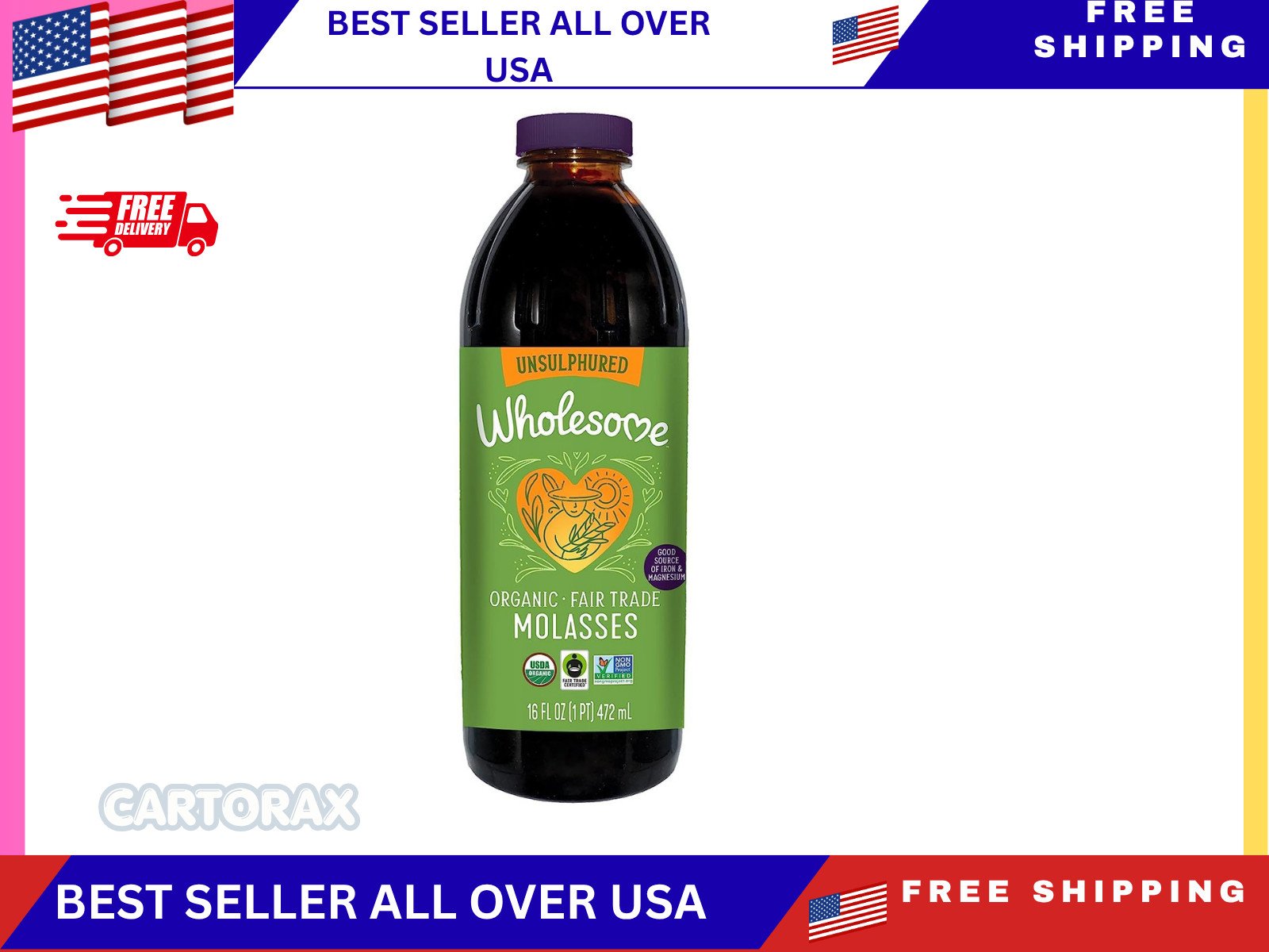 Wholesome Organic Blackstrap Molasses 16 Fl Oz USDA Organic Fair Trade Non GMO