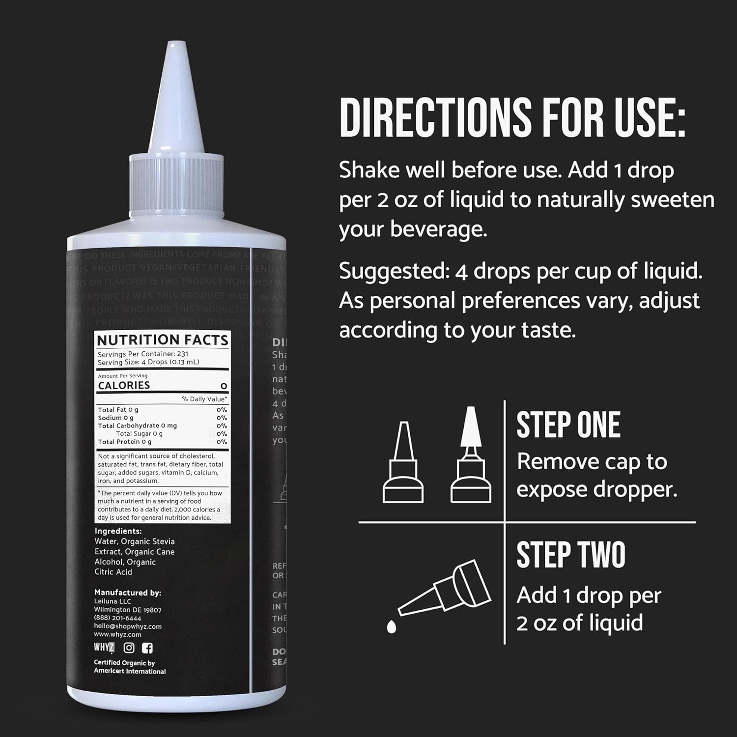 Organic Stevia Liquid Drops Zero Calorie Natural Sweetener 1 fl oz 228 Servings