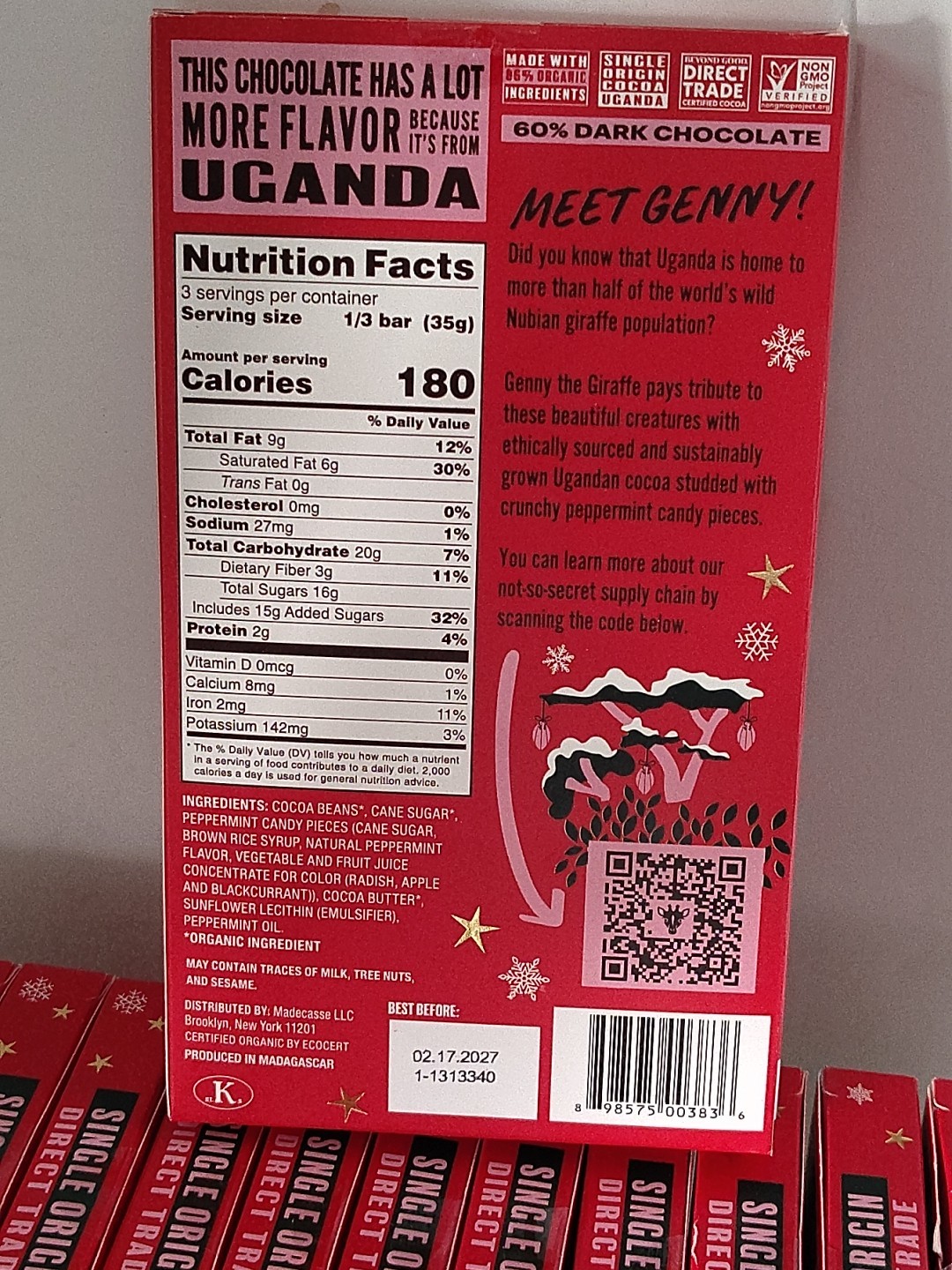 6pk YUM Beyond Good Uganda Dark Chocolate Peppermint Crunch Bar 60% Cocoa 3.5oz