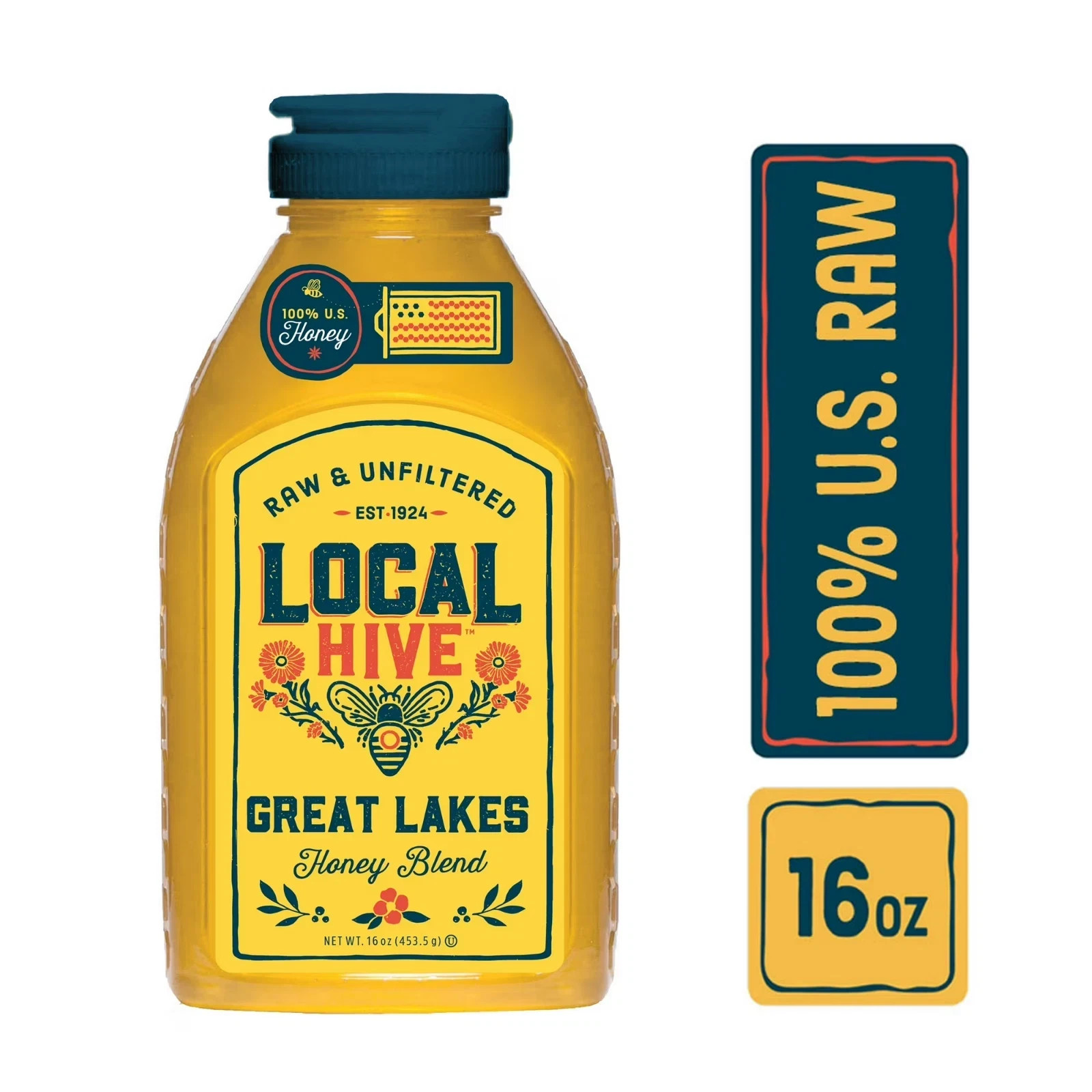 Local Hive, Raw & Unfiltered, 100% U.S. Great Lakes Honey blend, 16 Oz Bottle…