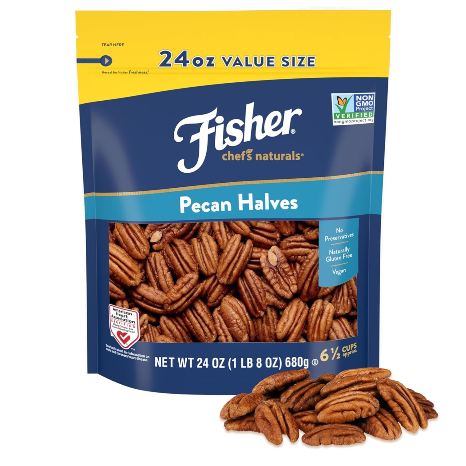 Pecan Halves 24 oz Resealable Bag, Unsalted Raw Nuts for Cooking, Baking & Sn…